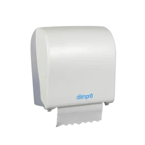 Dispensador de papel secamanos de autocorte, blanco, con el papel asomando