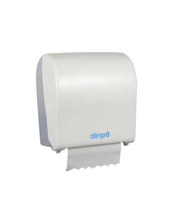 Dispensador de papel secamanos de autocorte, blanco, con el papel asomando