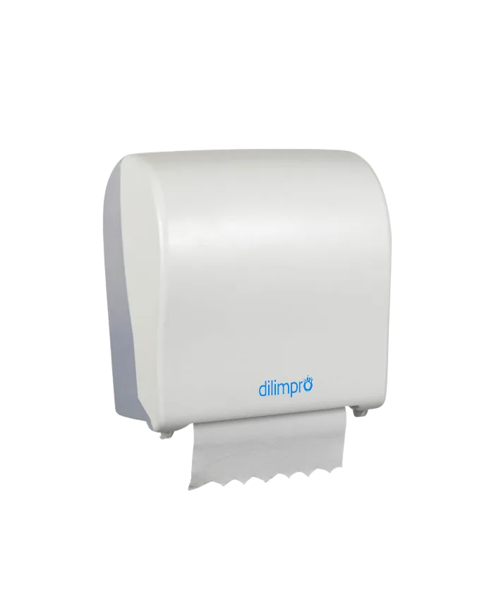 Dispensador de papel secamanos de autocorte, blanco, con el papel asomando