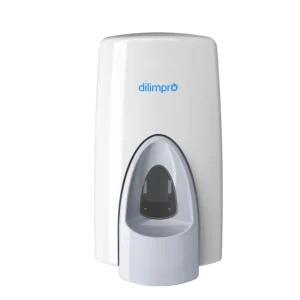 Dispensador de pared de jabón en espuma, blanco con pulsador gris
