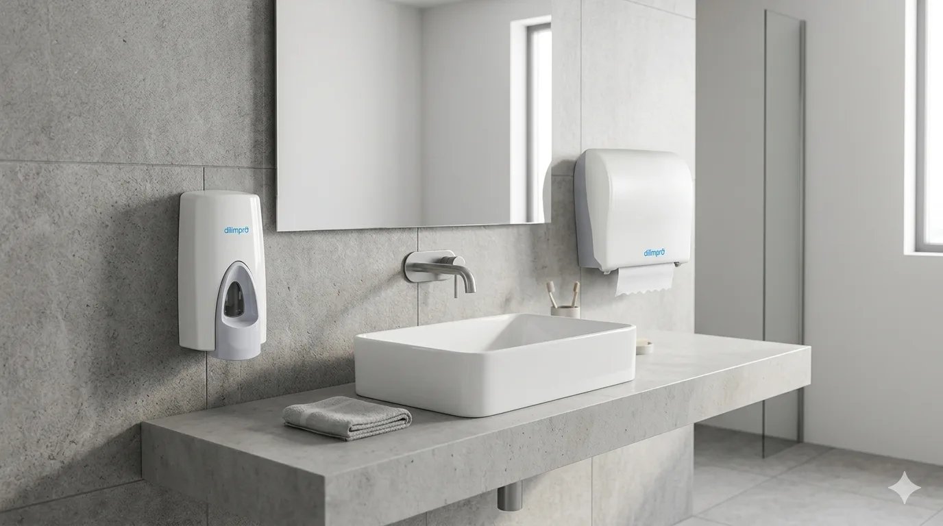Baño profesional con dispensadores de jabón y papel secamanos
