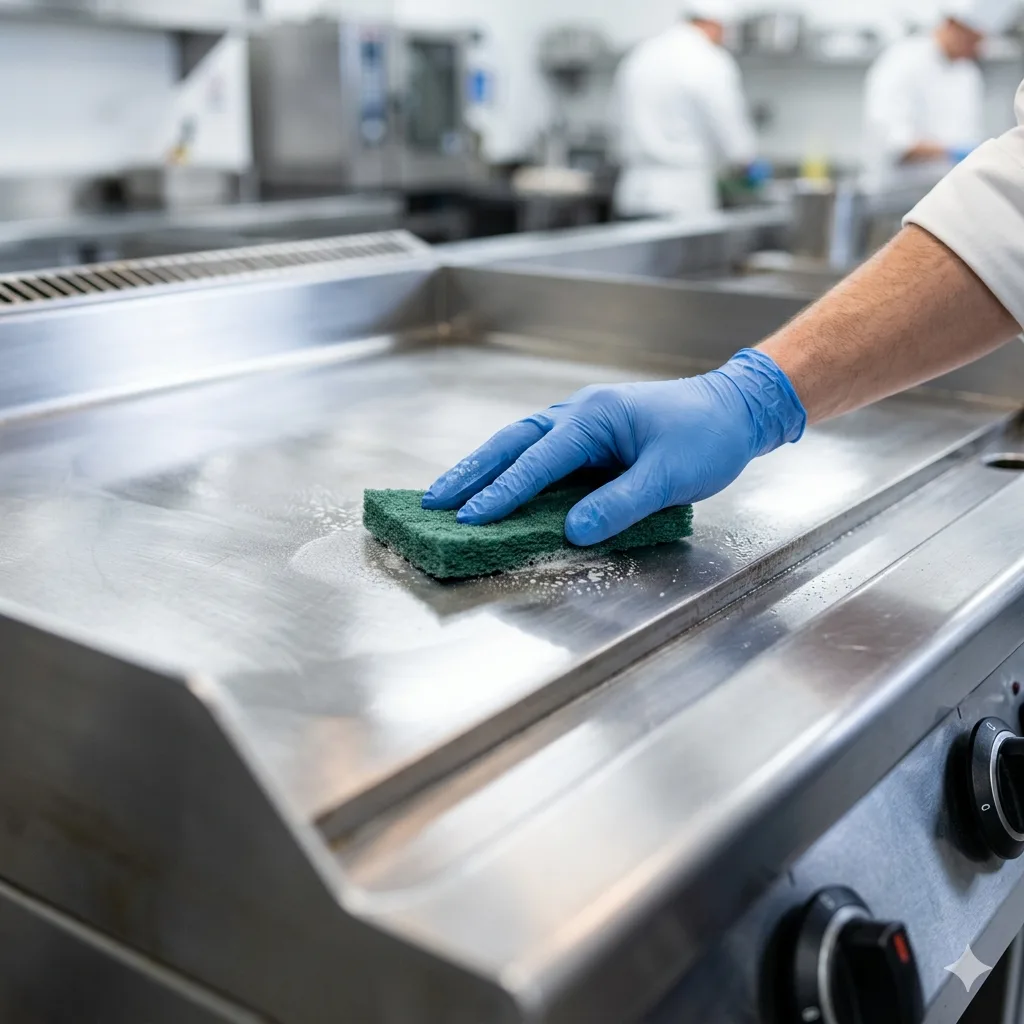 Limpieza de una plancha de cocina profesional