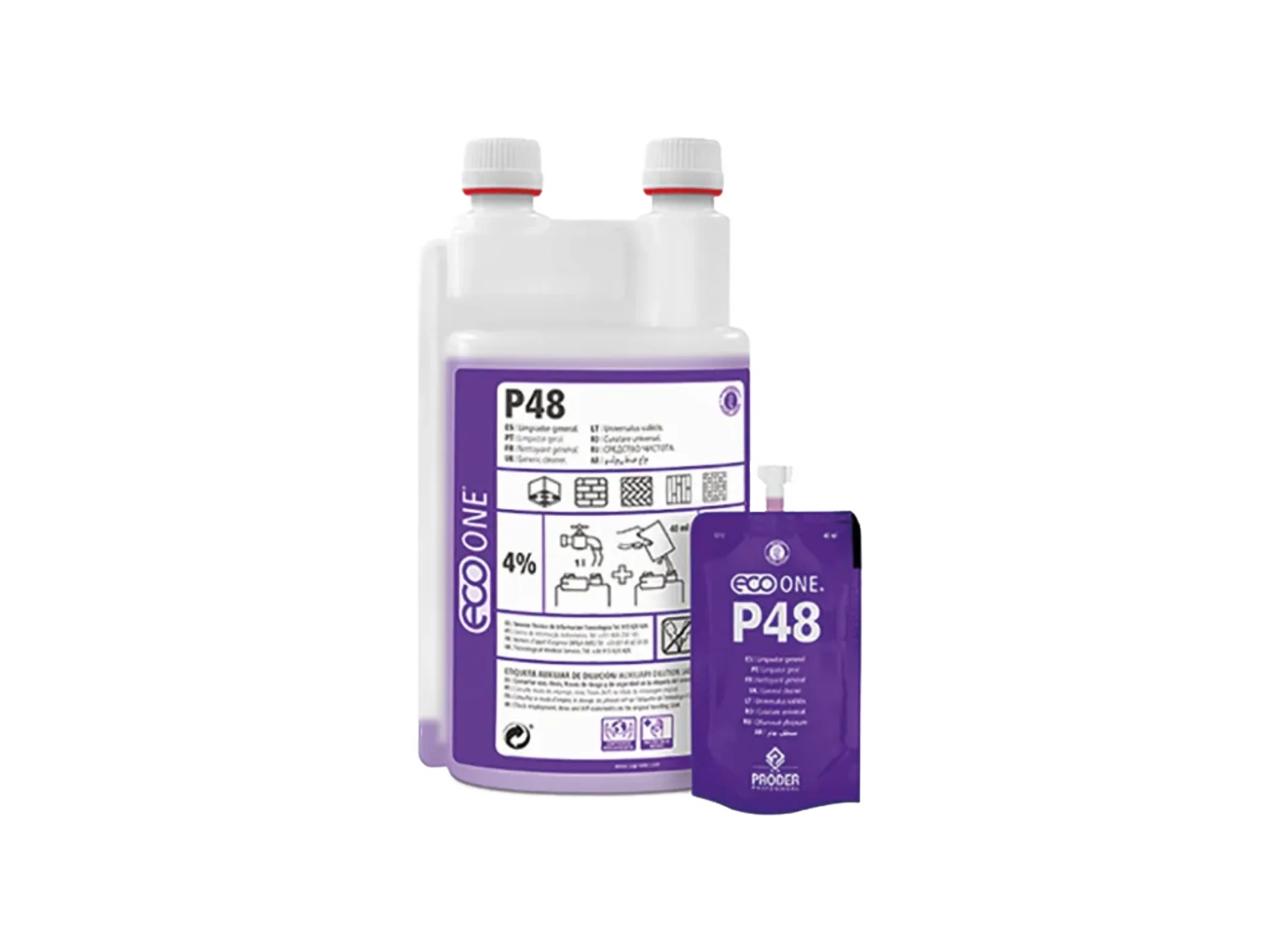 Dos botellas de 1 L preparadas con Eco One P48 junto a su sobre monodosis