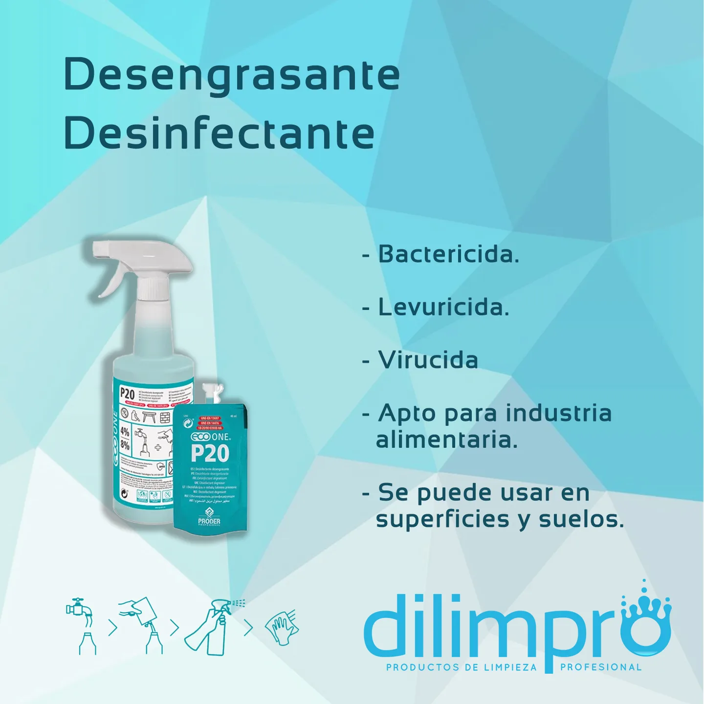 Cartel de Eco One P20: desengrasante desinfectante, bactericida, levuricida y virucida, apto para industria alimentaria