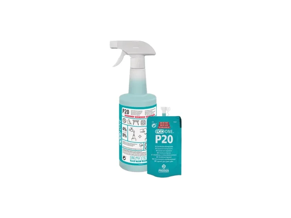 Dos botellas pulverizadoras preparadas con Eco One P20, desinfectante desengrasante