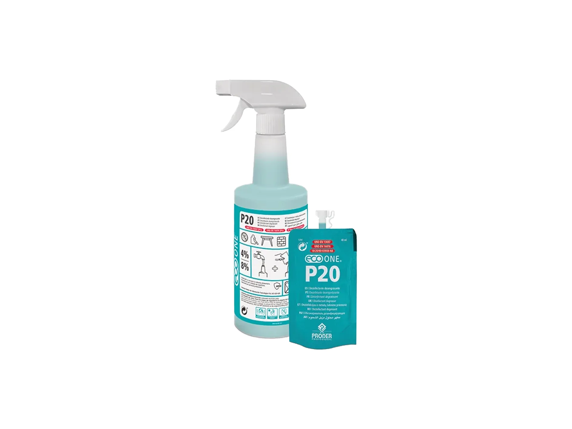 Dos botellas pulverizadoras preparadas con Eco One P20, desinfectante desengrasante