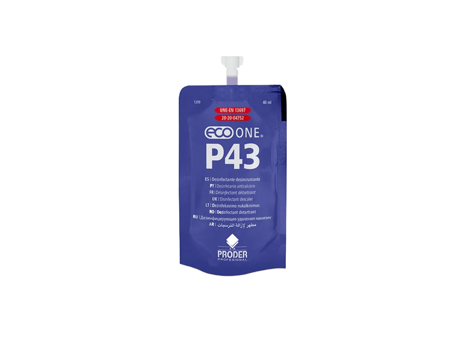 Sobre monodosis azul de Eco One P43, desinfectante desincrustante para baños